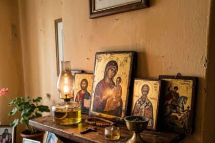 Ένα μικρό εικονοστάσι στο σπίτι με αναμμένο καντηλάκι μπροστά από βυζαντινές εικόνες