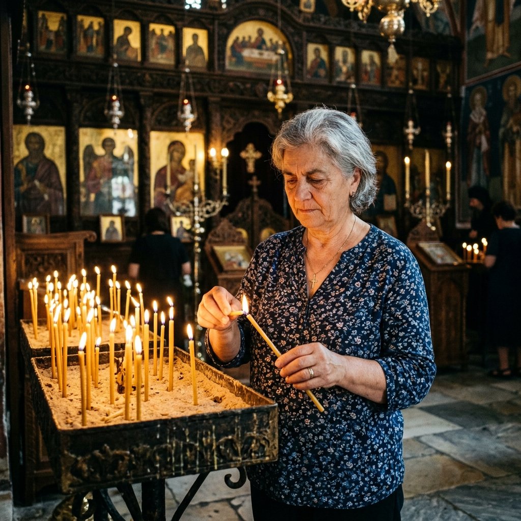Ποιος μεγάλος Άγιος γιορτάζει αύριο, 18 Ιουλίου 2 Μια μεγαλύτερη γυναίκα ανάβει με ευλάβεια ένα λεπτό κερί από μελισσοκέρι μέσα σε μια ορθόδοξη εκκλησία