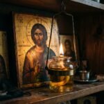 Κοντινό πλάνο σε ένα αναμμένο καντήλι που καίει μπροστά από την εικόνα του Χριστού
