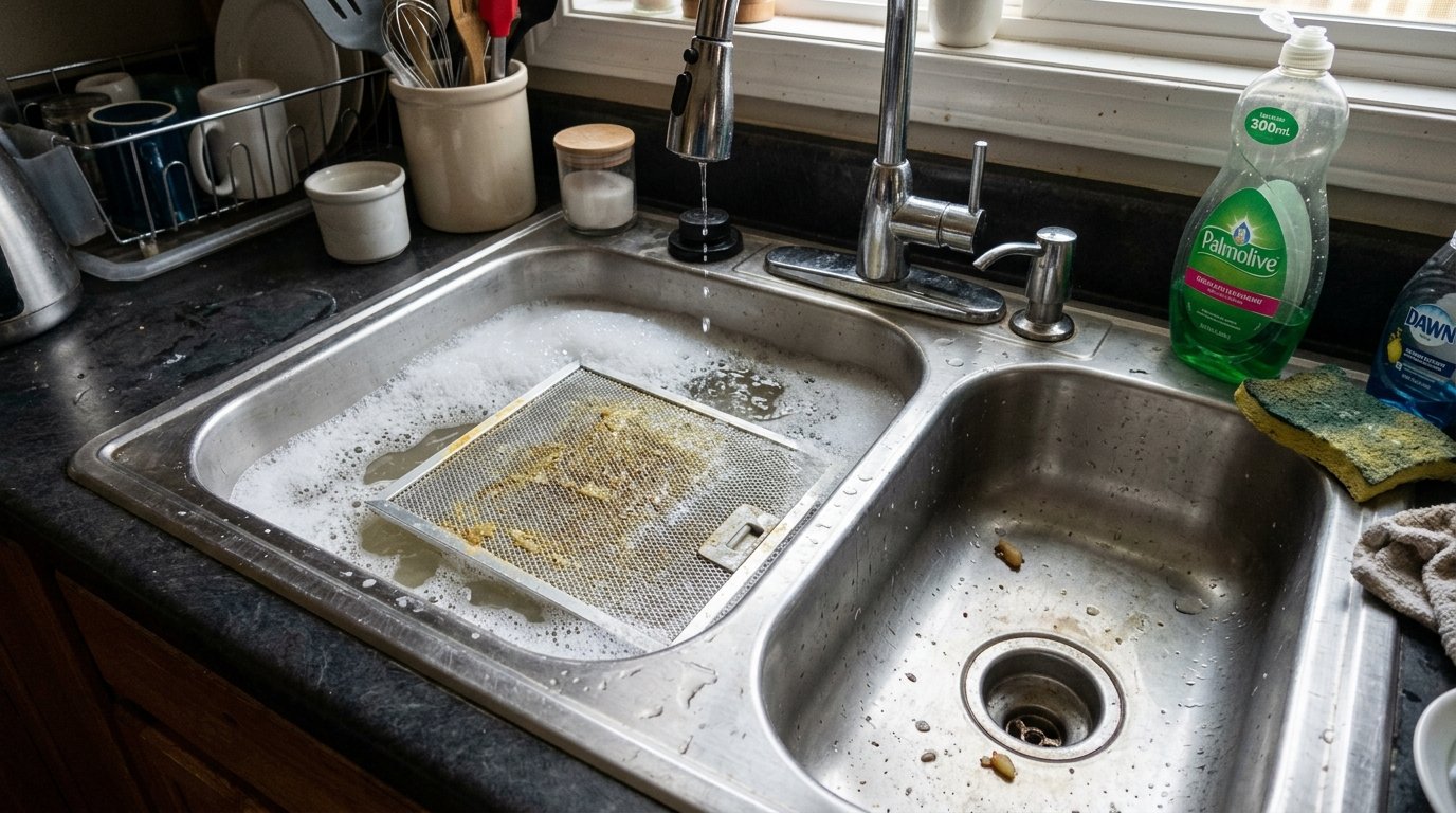 Το μεταλλικό φίλτρο του απορροφητήρα μουλιάζει μέσα σε ζεστό νερό με σαπουνάδα στον νεροχύτη της κουζίνας