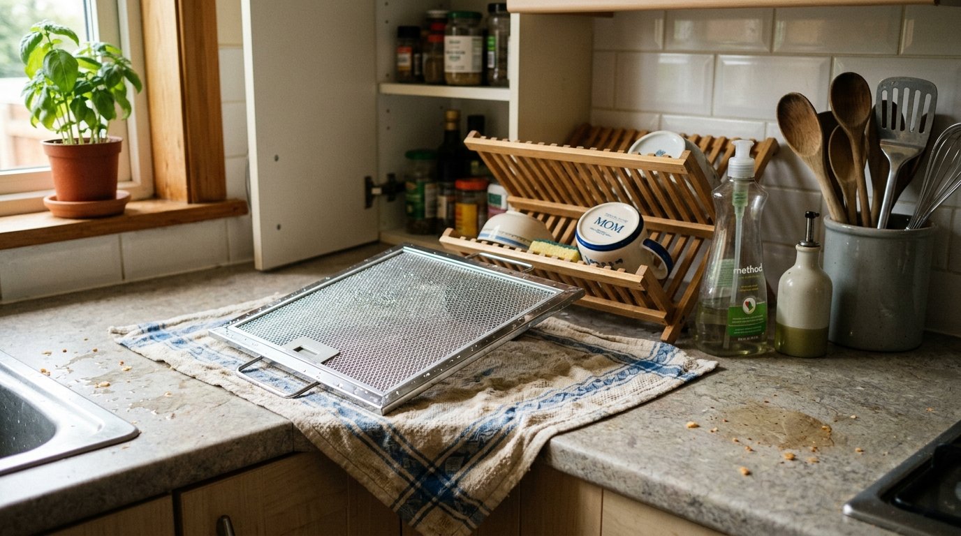 Ένα πεντακάθαρο, αστραφτερό φίλτρο απορροφητήρα στεγνώνει πάνω σε μια πετσέτα στον πάγκο της κουζίνας