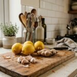 Λεμόνια, σκόρδο και τζίντζερ σε ξύλο κοπής