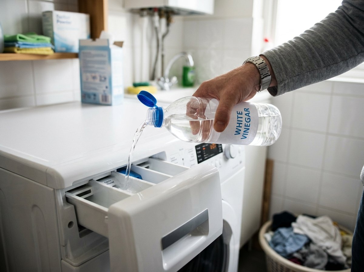 Ρίχνοντας λευκό ξύδι στη θήκη του πλυντηρίου