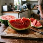 Φέτες από δροσερό καρπούζι σε ένα ξύλινο τραπέζι κουζίνας