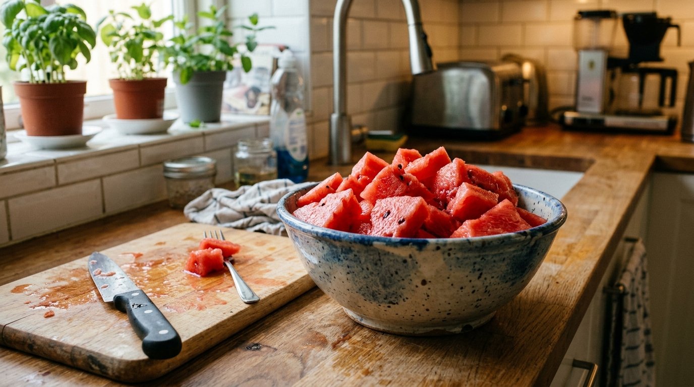 Ένα μπολ γεμάτο με φρεσκοκομμένα κομμάτια καρπουζιού στον πάγκο της κουζίνας