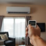 Το χέρι κάποιου που κρατάει το τηλεχειριστήριο του κλιματιστικού στο σαλόνι