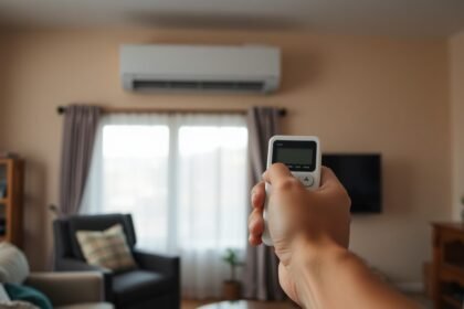 Το χέρι κάποιου που κρατάει το τηλεχειριστήριο του κλιματιστικού στο σαλόνι