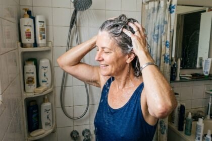 Γυναίκα άνω των 50 λούζει τα μαλλιά της