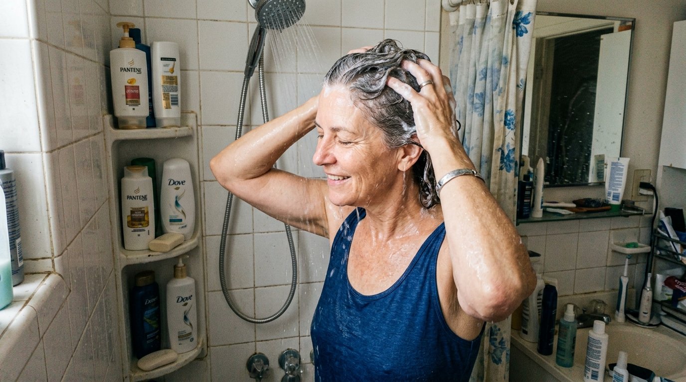 Γυναίκα άνω των 50 λούζει τα μαλλιά της