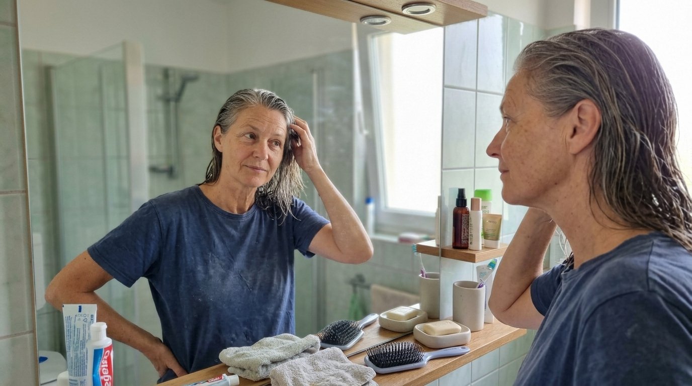 Η απλή καθημερινή κίνηση στο λούσιμο που σταματάει αμέσως το φριζάρισμα 3 Γυναίκα κοιτάζει με χαμόγελο τα λαμπερά μαλλιά της στον καθρέφτη