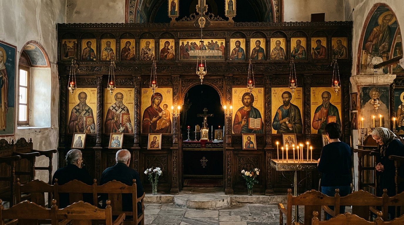 Εσωτερικό Ορθόδοξου ναού με ξυλόγλυπτο τέμπλο και βυζαντινές εικόνες