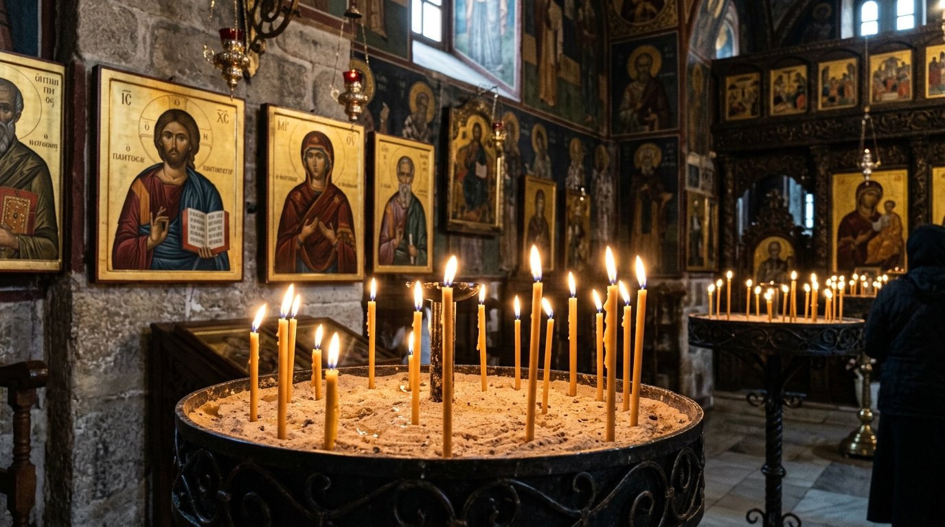 Εσωτερικό Ορθόδοξης εκκλησίας με αναμμένα κεριά
