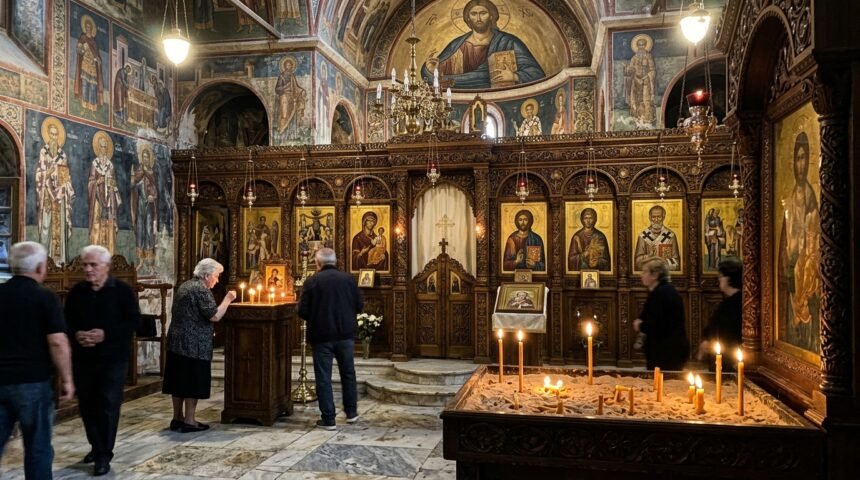 Εσωτερικό Ορθόδοξης εκκλησίας με πιστούς και ξυλόγλυπτο τέμπλο για τη γιορτή 31 Ιουλίου