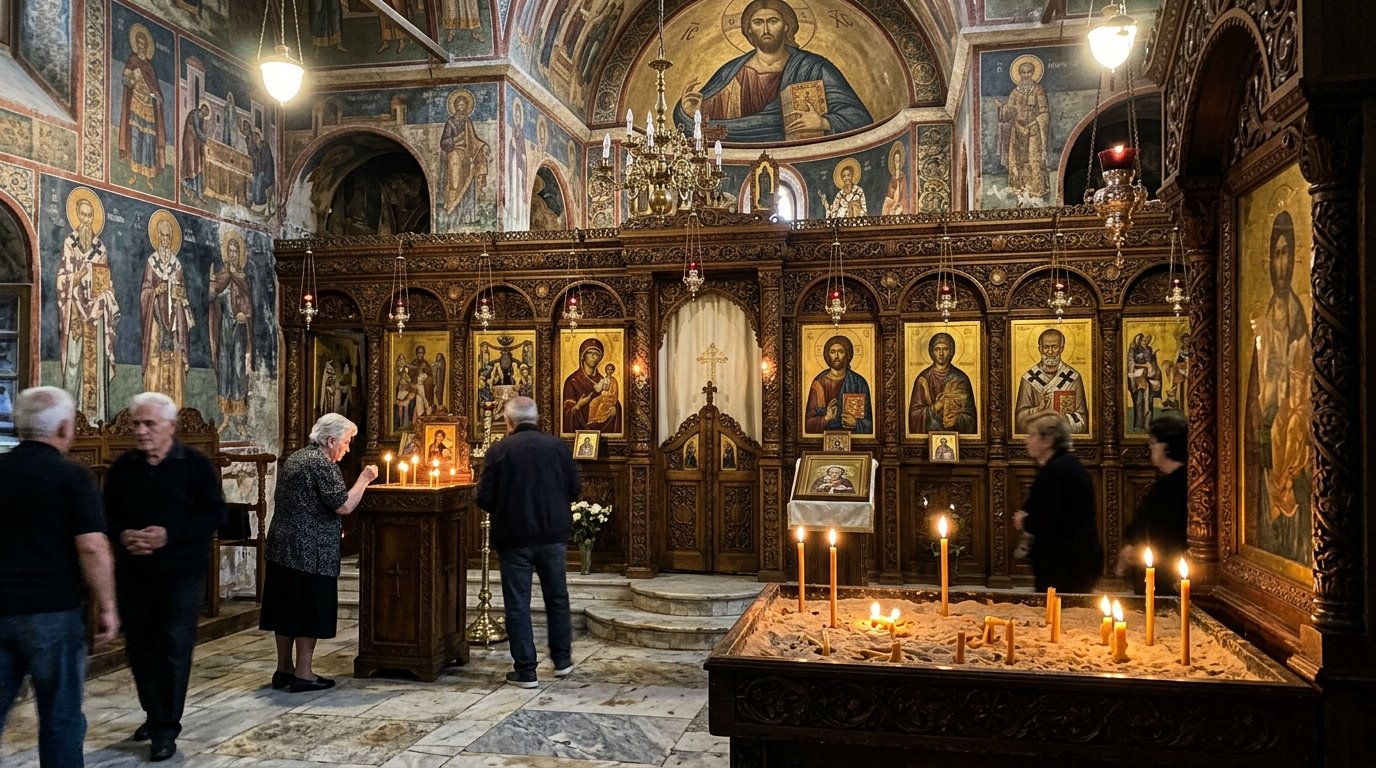 Εσωτερικό Ορθόδοξης εκκλησίας με πιστούς και ξυλόγλυπτο τέμπλο για τη γιορτή 31 Ιουλίου
