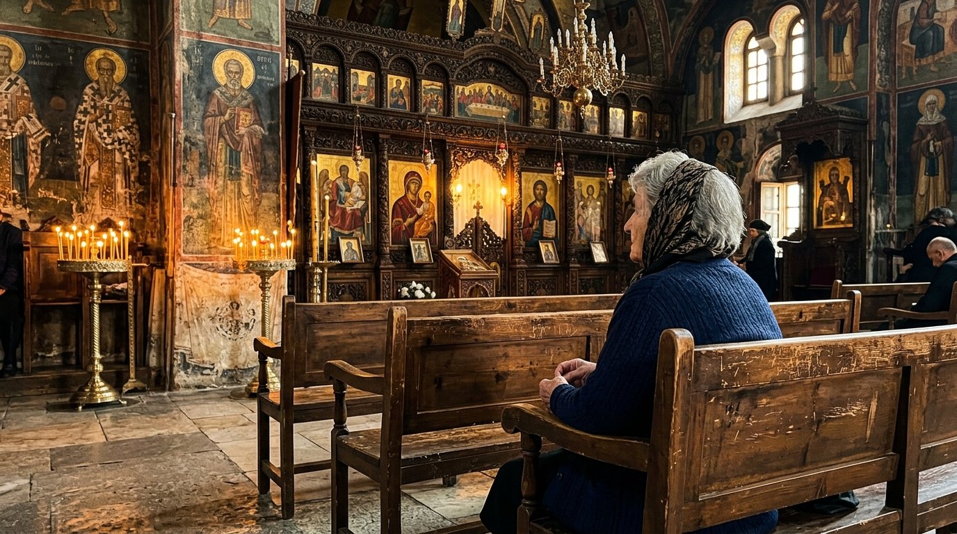 Πιστή σε ξύλινο στασίδι Ορθόδοξης εκκλησίας