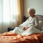 Ηλικιωμένη γυναίκα κάθεται στην άκρη του κρεβατιού το πρωί