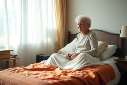 Ηλικιωμένη γυναίκα κάθεται στην άκρη του κρεβατιού το πρωί