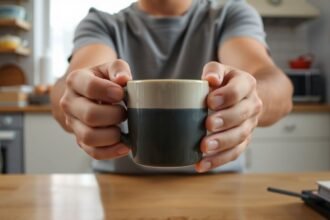 Ένας άνθρωπος που κρατάει μια κούπα καφέ με τα δύο του χέρια καθισμένος στην κουζίνα