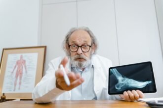 Senior doctor showing patient's X-ray on a tablet during telehealth consultation.