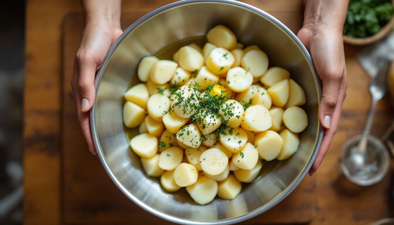 Το κόλπο για να φτιάξετε τις πιο τραγανές πατάτες στο Air Fryer χωρίς βράσιμο 3 Ανακάτεμα πατάτας με λάδι σε μεταλλικό μπολ
