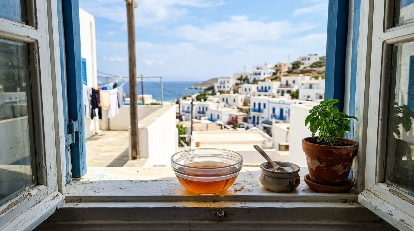 Γυάλινο μπολ με ξύδι δίπλα σε παράθυρο