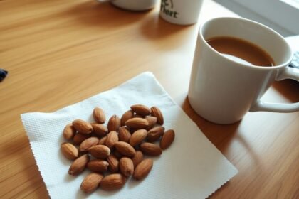 Μουσκεμένα αμύγδαλα στεγνώνουν πάνω σε μια χαρτοπετσέτα, δίπλα σε μια κούπα καφέ.