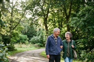 Ηλικιωμένο ζευγάρι περπατάει χαρούμενο στο πάρκο