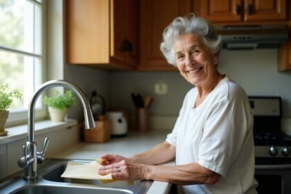 Γυναίκα καθαρίζει τη βρύση στην κουζίνα με ένα κομμάτι λαδόκολλα