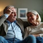 Ζευγάρι κάθεται στον καναπέ και ο άντρας πιάνει το κεφάλι του