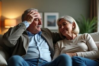 Ζευγάρι κάθεται στον καναπέ και ο άντρας πιάνει το κεφάλι του